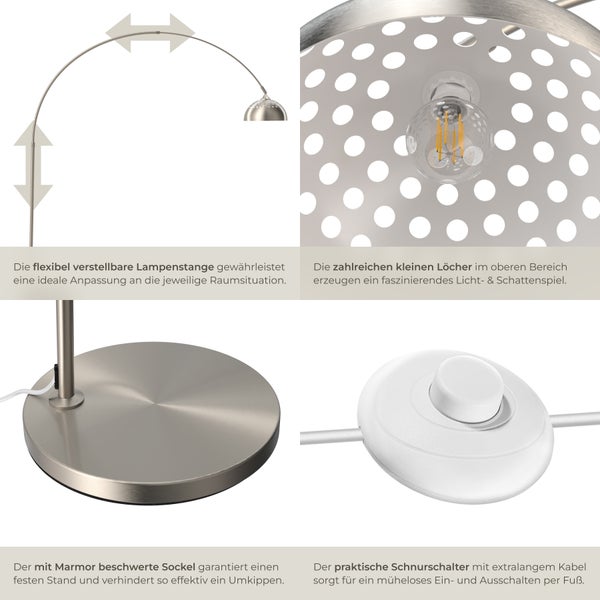 Detailansicht einer verstellbaren Stehlampe mit Marmorfuß und Fußschalter