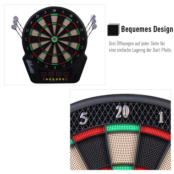 HOMCOM Elektronische Dart-set mit LED, automatischer Wertung, Soundeffekte, 6 Darts, 24 Dartköpfe, 27 Spiele und 243 Trefferoptionen, für 16 Spieler, 44 x 51,5 x 3,2 cm, ABS, PP, Schwarz