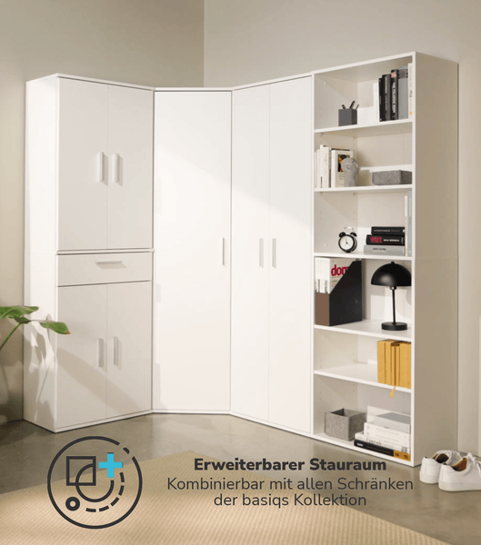 Weißer modularer Eckschrank mit Türen, Schublade und offenem Regal. Erweiterbarer Stauraum der basiqs-Kollektion für Büro oder Wohnraum.