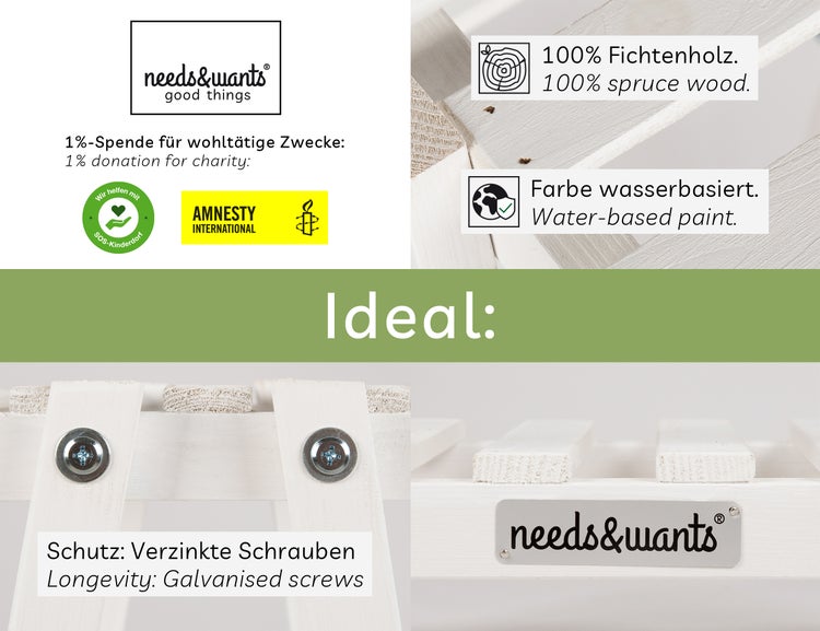 needs&wants® Pflanzenregal Blumenständer aus Holz wetterfest für Outdoor Balkon Garten draußen Indoor innen Wand, Pflanzenständer Blumentreppe, weiß