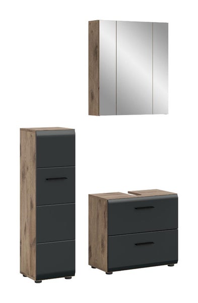 Dreiteiliges Badezimmermöbel-Set bestehend aus Spiegelschrank, Hochschrank und Waschbeckenunterschrank in Holzoptik mit anthrazitfarbenen Fronten.