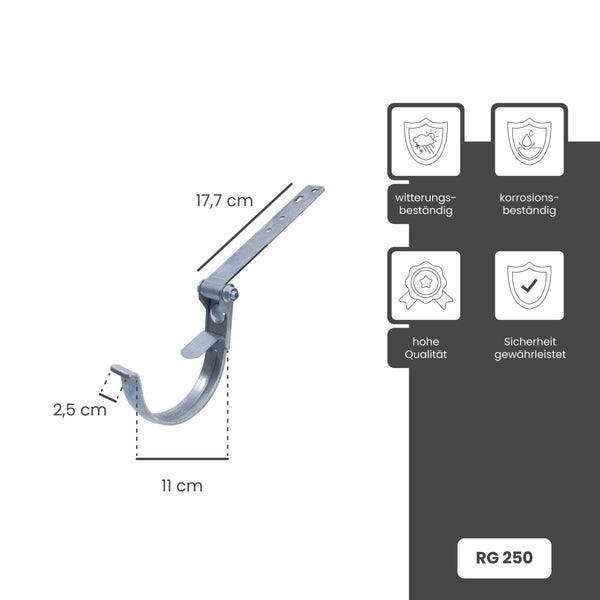 Verzinktes Rinneneisen RG 250, 17,7 Zentimeter mal 11 Zentimeter mal 2,5 Zentimeter, witterungs- und korrosionsbeständig, hohe Qualität und sicher.
