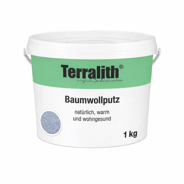 Terralith Baumwollputz im 1 Kilogramm Eimer mit hellblauer strukturierter Materialprobe auf dem Etikett.