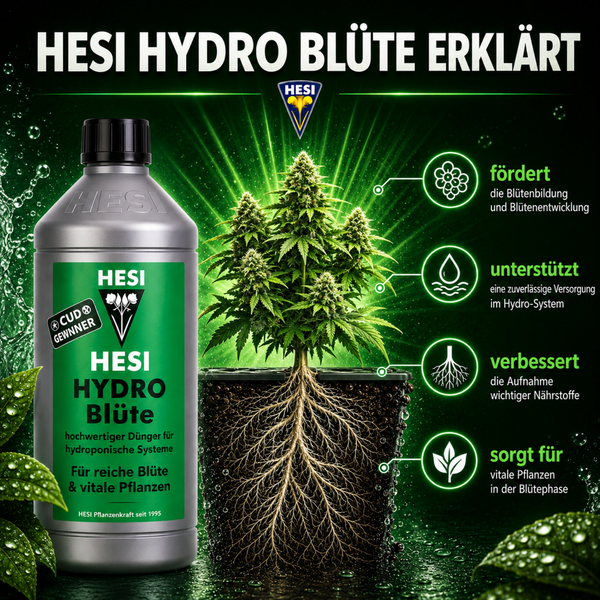 Hesi Hydro Bluete Duenger Flasche mit Produktvorteilen wie Bluetenbildung und Naehrstoffaufnahme in einer hydroponischen Systemdarstellung.