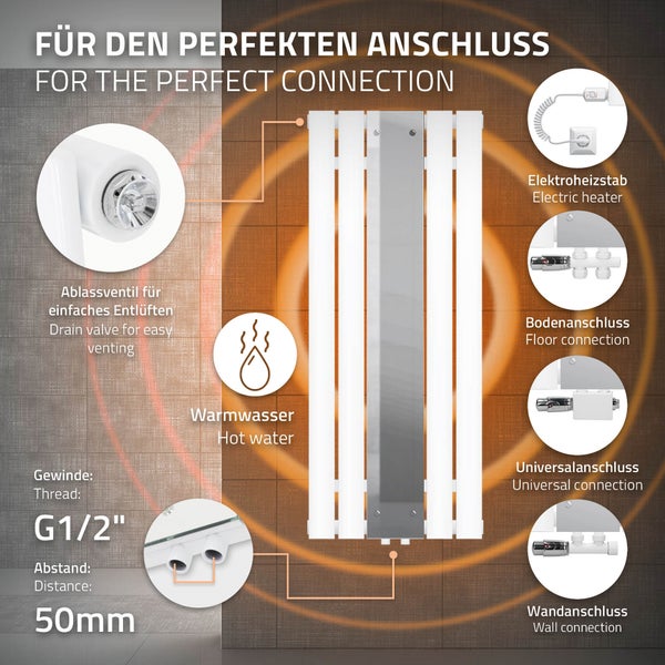 ML-Design Badheizkörper Flach 1200 x 450 mm Weiß mit Spiegel, Spiegelheizkörper Glasheizkörper, Design Paneelheizkörper Mittelanschluss Heizung, Flachheizkörper Vertikal Einlagig, inkl. Montage-Set