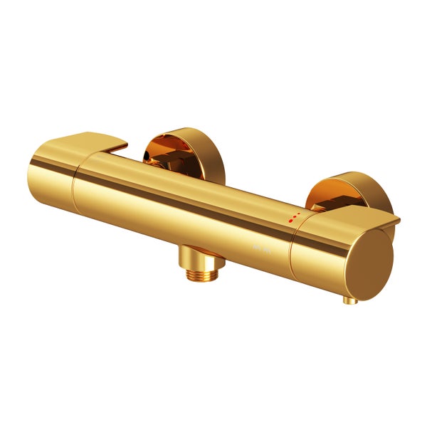 Goldfarbenes Duschthermostat zur Wandmontage mit zwei seitlichen Bediengriffen und Brauseabgang an der Unterseite.