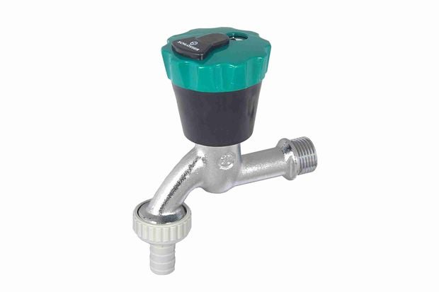 Schlösser Auslaufventil frostsicher aus Metall mit Kunststoff-Handrad und Schlauchanschluss.
