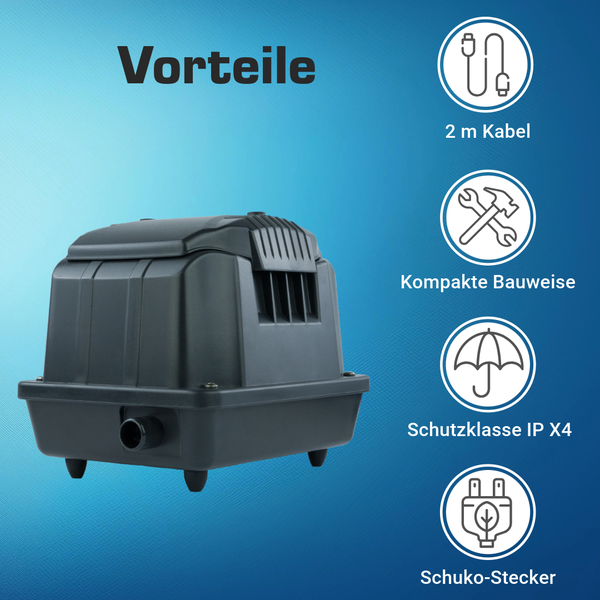 Vorteile der Pumpe: 2 Meter Kabel, kompakte Bauweise, Schutzklasse IP X4 und Schuko-Stecker.