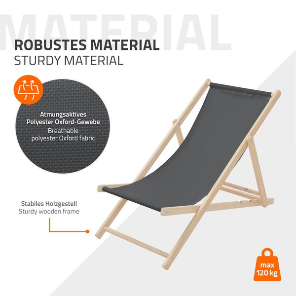Klappbarer Liegestuhl mit stabilem Holzgestell und atmungsaktivem Polyester Oxford Gewebe, maximale Belastbarkeit 120 Kilogramm.
