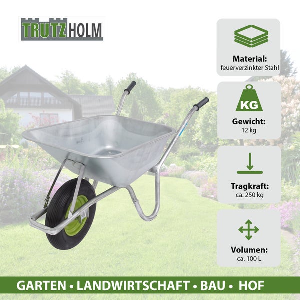Schubkarre aus feuerverzinktem Stahl von Trutzholm mit 250 Kilogramm Tragkraft und 100 Liter Volumen für Garten und Bau