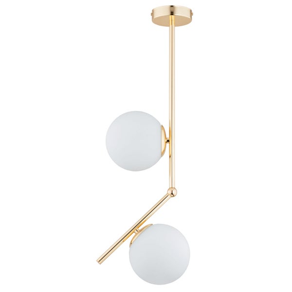 Moderne Deckenleuchte mit zwei kugelförmigen Glasschirmen und metallischer Aufhängung.