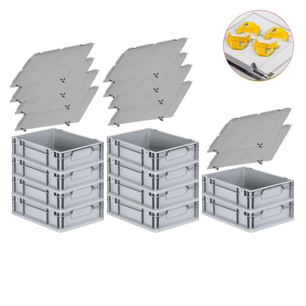 PROREGAL Spar Set 10x Eurobox Nextgen Economy Mit Auflagedeckel & 4x Schiebeschnappverschlüsse Gelb Griffe Geschlossen HxBxT 12 x 30 x 40 cm 11 Liter