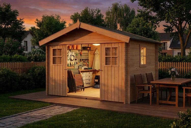 Gartenhaus aus Holz mit Satteldach und Doppeltür, organisierter Innenraum mit Werkzeugen, auf einer Holzterrasse im Garten.