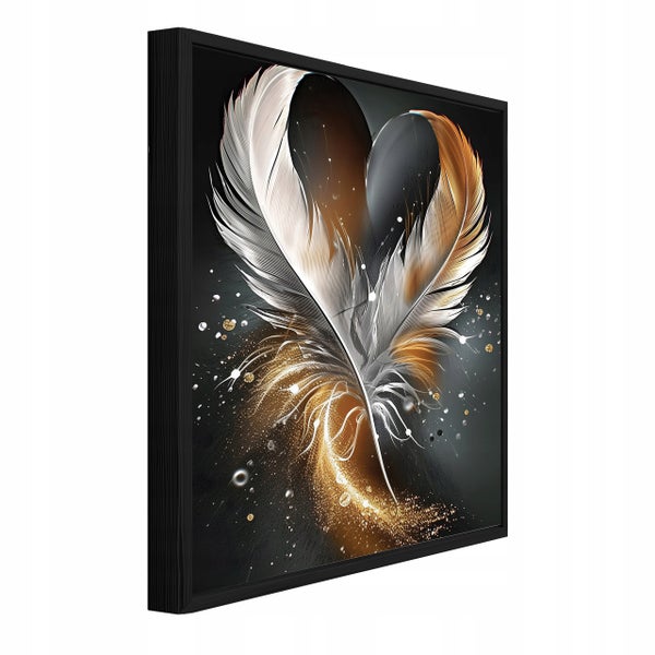 Wandbild mit Feder-Motiv in Herzform, gerahmt, modernes Design als Dekoration für Wohnräume.
