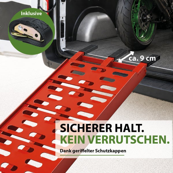 Motorrad Auffahrrampe mit rutschfesten Schutzkappen inklusive Spanngurt zur Verladung in Transporter