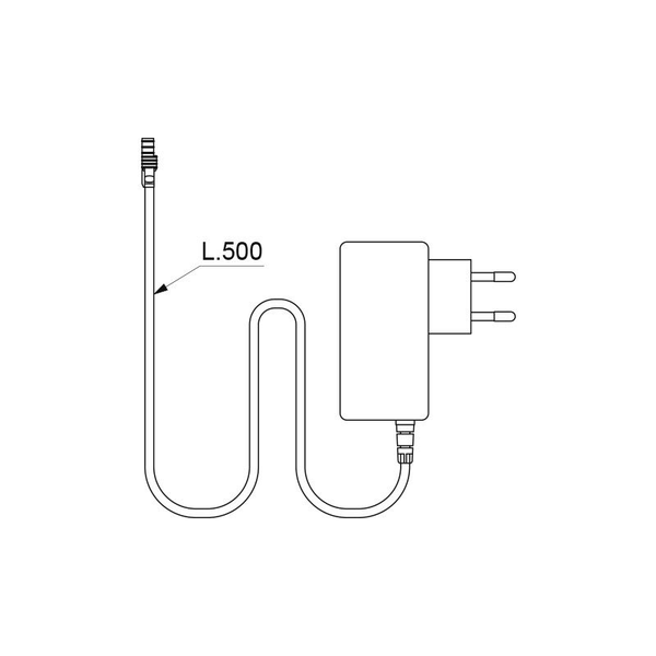 Technische Zeichnung eines Netzteils mit Steckernetzteil und Kabel mit einer Länge von 500 Millimetern