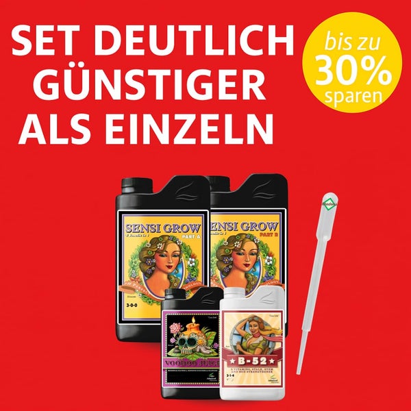 Advanced Nutrients Dünger-Set bestehend aus Sensi Grow Part A und B, Voodoo Juice, B-52 und einer Pipette.