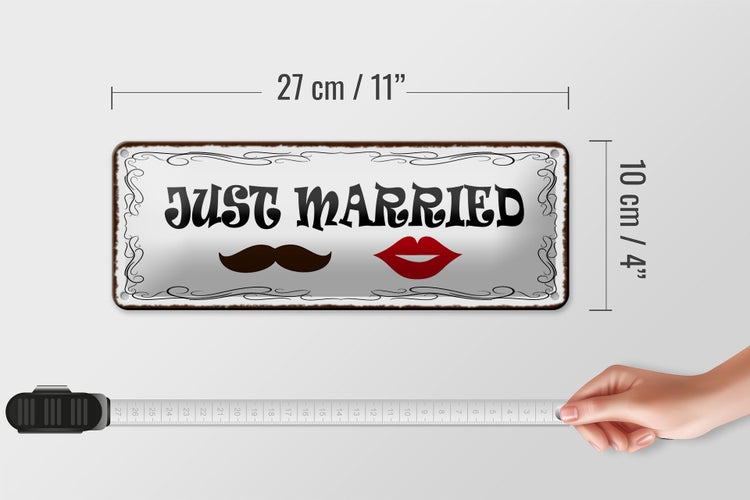 Blechschild Spruch 27x10cm Just married Ehepaar Dekoration