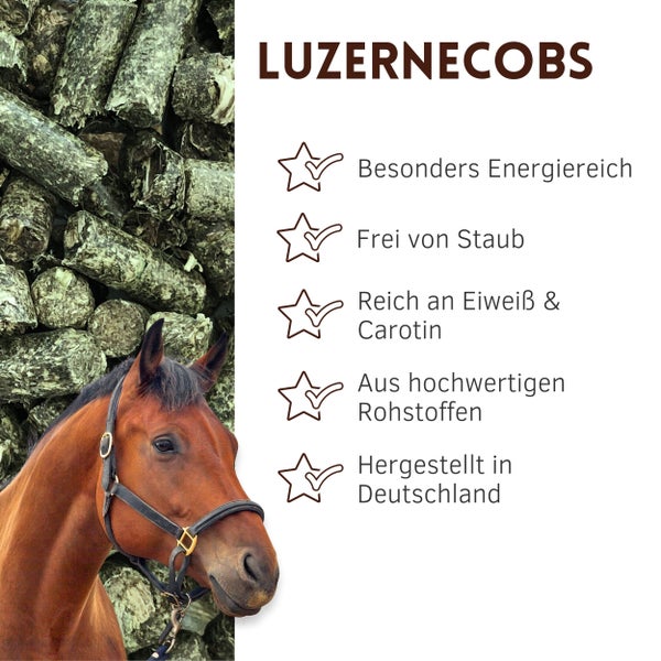 Luzernecobs with the claim particularly rich in energy, dust-free, rich in protein and carotene, made from high-quality raw materials and made in Germany