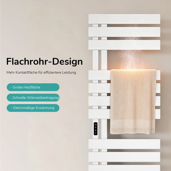 Elektrischer Handtuchheizkörper im Flachrohr-Design mit aufgehängtem Handtuch, Dampfeffekt und digitaler Temperaturanzeige.