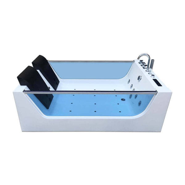 Rechteckige Whirlpool Badewanne mit Glasfront und zwei Kopfstützen inklusive Armatur für ein entspannendes Badeerlebnis im Badezimmer