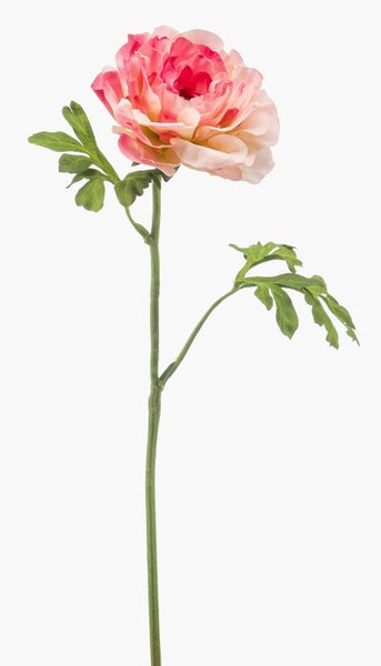 Künstliche rosa Ranunkel mit grünem Stiel und Blättern.