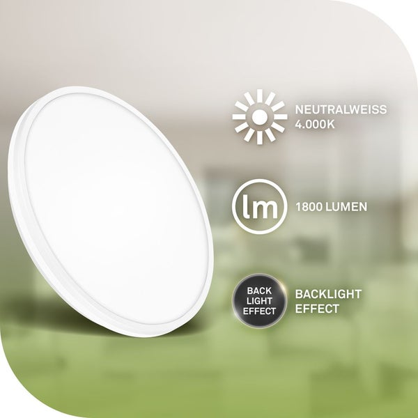 Weiße LED Lampe mit 4000 Kelvin neutralweißem Licht, 1800 Lumen Lichtstrom und Hintergrundbeleuchtung