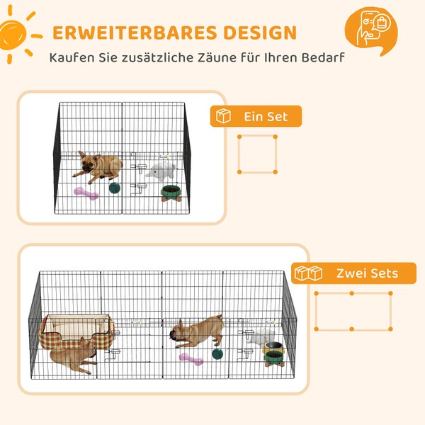 Erweiterbarer Welpenschutzraum aus Metall für Hunde, Darstellung von einem Set und zwei Sets zur Vergrößerung der Spielfläche.