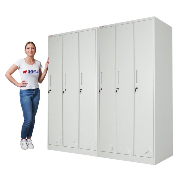 Proregal Metallspind mit sechs Türen, Zylinderschloss und Belüftungsschlitzen, daneben eine Person zum Größenvergleich.