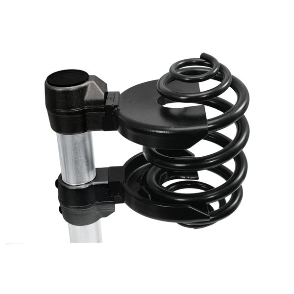 KS Tools Federhalter für Federspanner mit schwarzer Fahrwerksfeder auf einem silbernen Rohr.