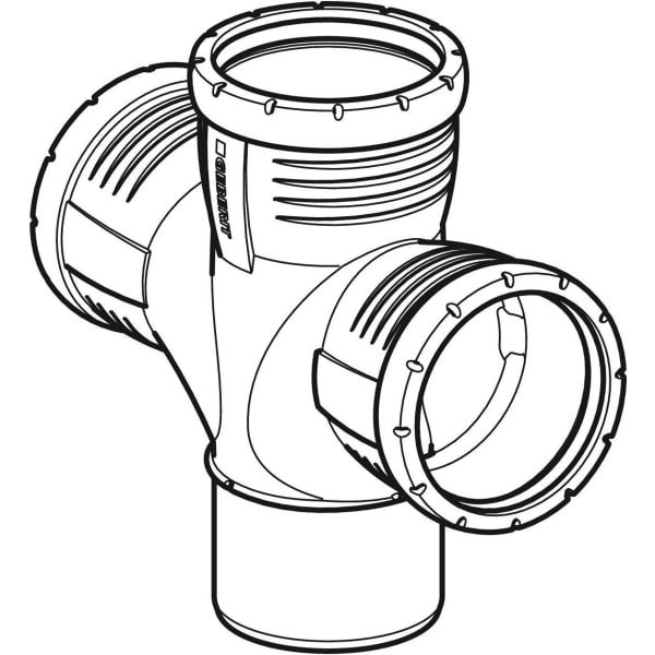 Technische Zeichnung eines Geberit Abzweigstücks für Abwassersysteme mit Geberit Logo.