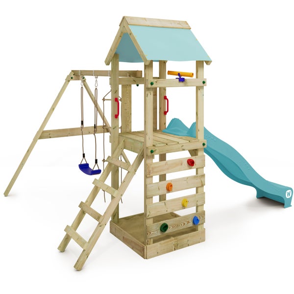 WICKEY Spielturm Klettergerüst FreeFlyer mit Schaukel und Rutsche, Kletterturm mit Sandkasten, Leiter und Spiel-Zubehör – pastellblau