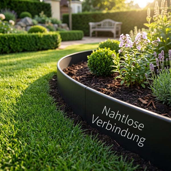 Garten Beetbegrenzung aus Metall im Garten mit Blumen und Rasen.