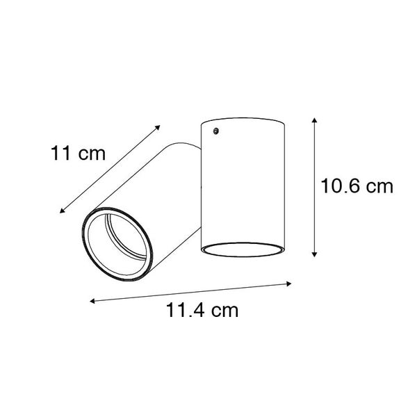 Technische Zeichnung einer Deckenleuchte mit den Maßen 11 cm, 11,4 cm und 10,6 cm.