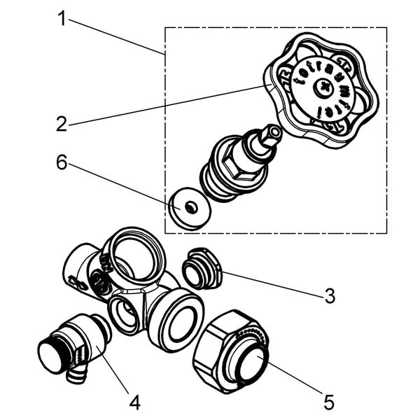 Technische Explosionszeichnung einer Armatur mit nummerierten Einzelteilen wie Handrad, Ventiloberteil und Dichtungen.