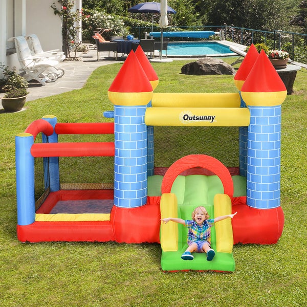 Outsunny Aufblasbare Hüpfburg mit Rutsche Pool für 3 Kinder Burg Springburg mit Gebläse Spielburg Spielhaus für 3-8 Jahre Oxford-, Polyester-Gewebe Rot+Blau+Grün 280 x 260 x 210 cm