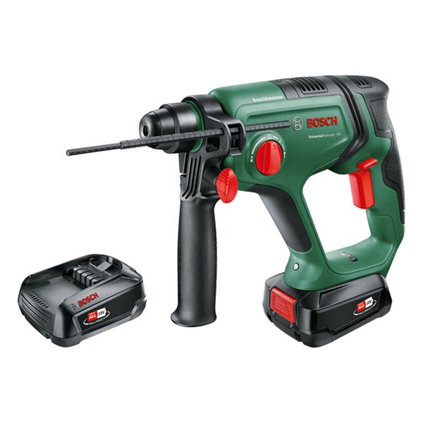 Bosch Akku Bohrhammer UniversalHammer 18 Volt mit Zusatzhandgriff und Ladegerät für Heimwerker.
