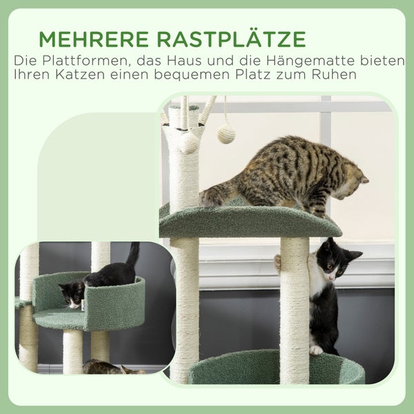 PawHut Kratzbaum 123H cm Katzenbaum Kletterbaum Katzenkratzbaum mit Liegekorb, Spielball, Sisalsäule für Katzen bis 5 kg Plüsch Cremeweiß+Grün