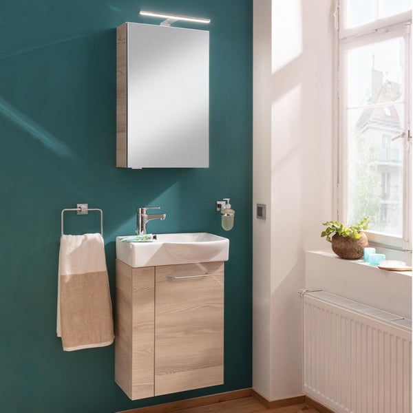Fackelmann B.CLEVER Gäste-WC Set 2 Teile – Waschtischunterschrank in Holz Braun mit Waschbecken aus Keramik – SBC Waschbeckenunterschrank schmal – Türanschlag rechts – Hahnloch links – 45 cm breit