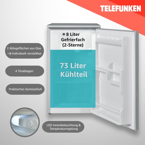 Telefunken Kühlschrank mit 2-Sterne Gefrierfach Freistehend 81 Liter Kühlschrank klein CF-32-152-S silber