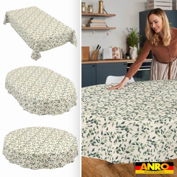 Abwaschbare Tischdecke mit grünem Blattmuster in eckiger, ovaler und runder Form, gezeigt in einer Küchenszene, ANRO Logo.