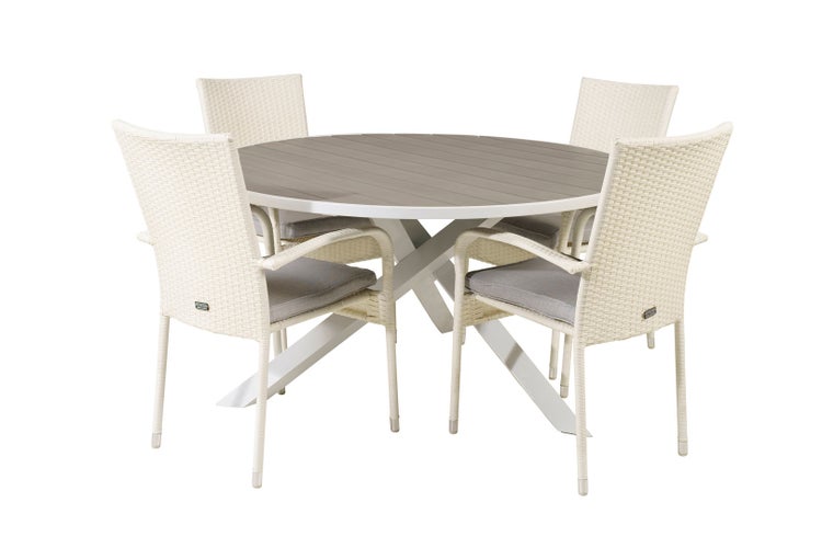 Parma Gartenset Tisch Ø140cm und 4 Stühle Anna weiß, grau. 140 X 140 X 73 cm