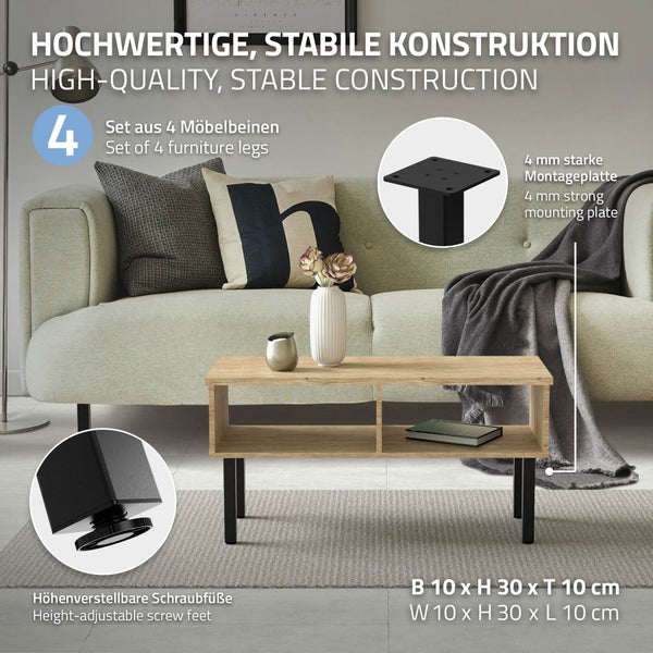 ML-Design 4er Set Tischbeine I-Design 30 cm, Schwarz glänzend, aus pulverbeschichtetem Stahl, eckig, Profil 4x4 cm, Höhenverstellbare Möbelfüße 1-4 cm, Möbelbeine für Couchtische, Bänke, Sideboards