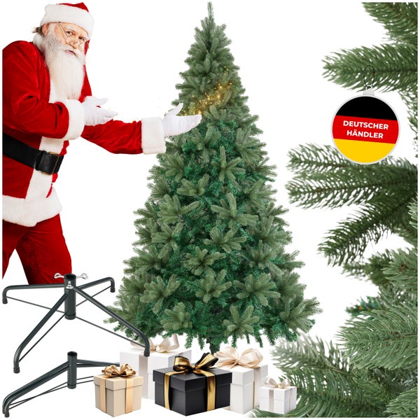 Künstlicher Weihnachtsbaum mit Ständer, Geschenken und Santa Claus. Label: Deutscher Händler.