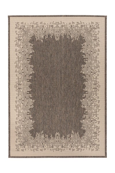 Rechteckiger In- und Outdoor-Teppich in Braun und Beige mit Flachgewebe-Struktur und abstraktem Bordürenmuster.