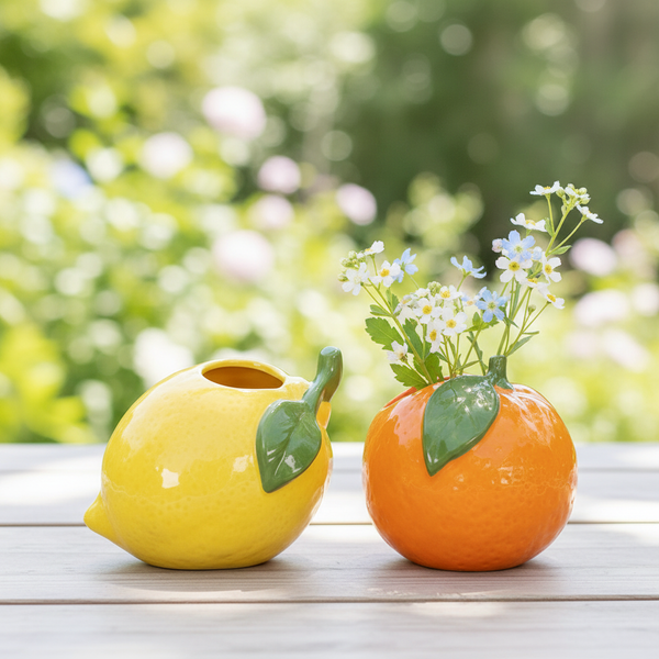 Keramikvasen in Form einer gelben Zitrone und einer orangefarbenen Orange auf einem Holztisch, die Orange enthält kleine blaue und weiße Blumen.
