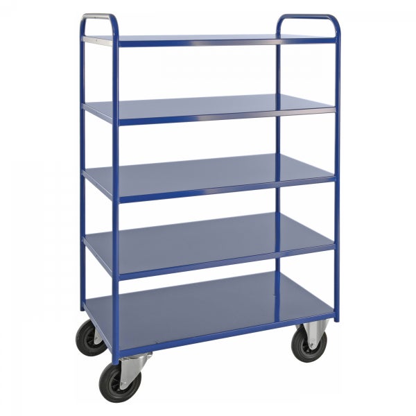 Blauer Transportwagen mit vier Ablageflächen und Rädern