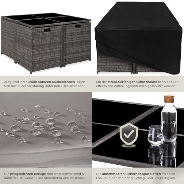 Gartenmöbel-Set aus Polyrattan mit verstaubaren Stühlen, Schutzhülle, wasserabweisenden Bezügen und bruchsicheren Tischplatten aus Sicherheitsglas.