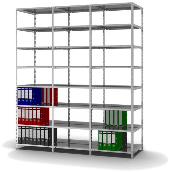 PROREGAL Aktenregal Schraubsystem Grundregal HxBxT 255 x 75 x 60 cm 8 Ebenen Fachlast 90 kg Mit Deckboden Beidseitig Nutzbar Verzinkt