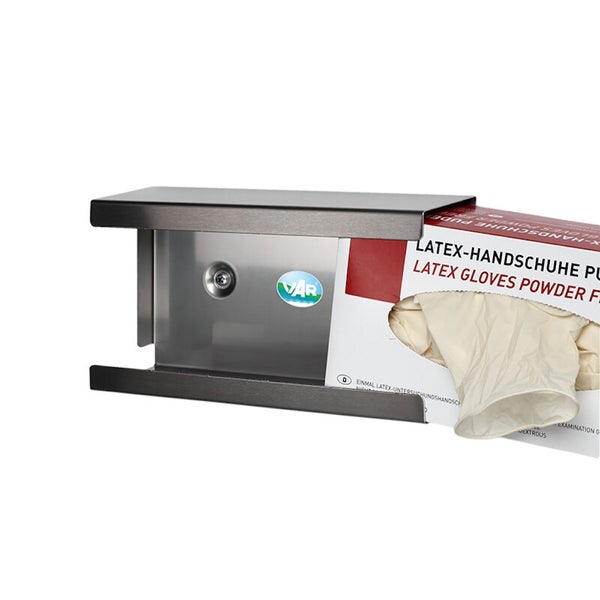 VAR Handschuhspender aus Edelstahl für eine Packung Latexhandschuhe, VAR Logo.